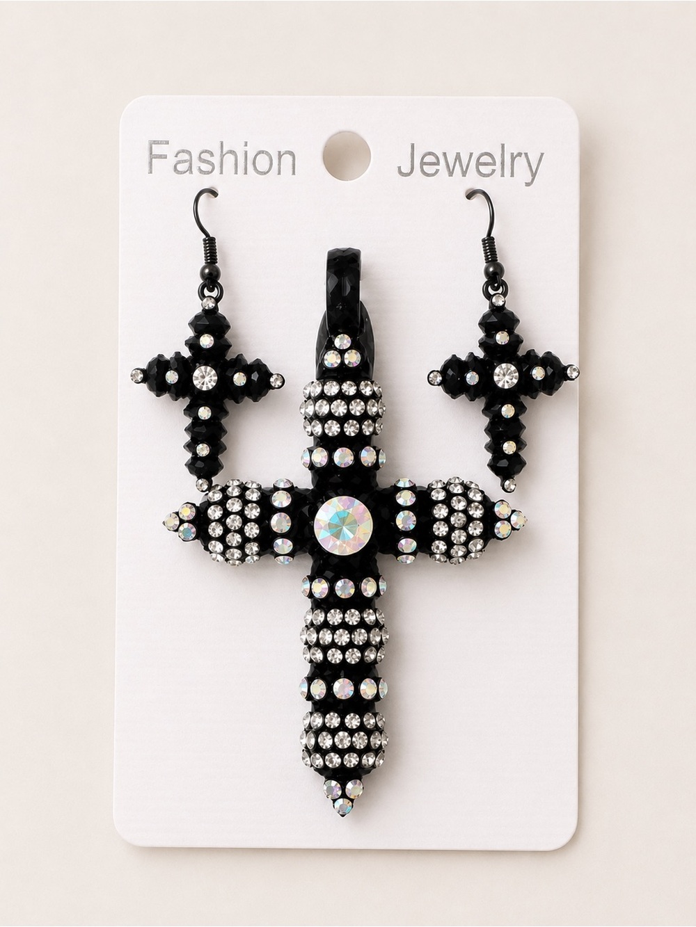 Black Crystal Cross Pendant and Earring Set